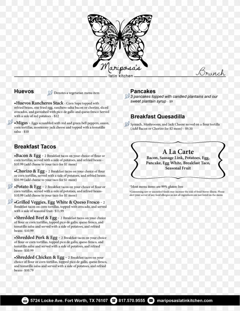 Restaurant Menu Mariposa Latin Inspired Grill Mariposa's Latin Kitchen Dinner, PNG, 962x1245px, Restaurant, Area, Bar, Black And White, Brand Download Free