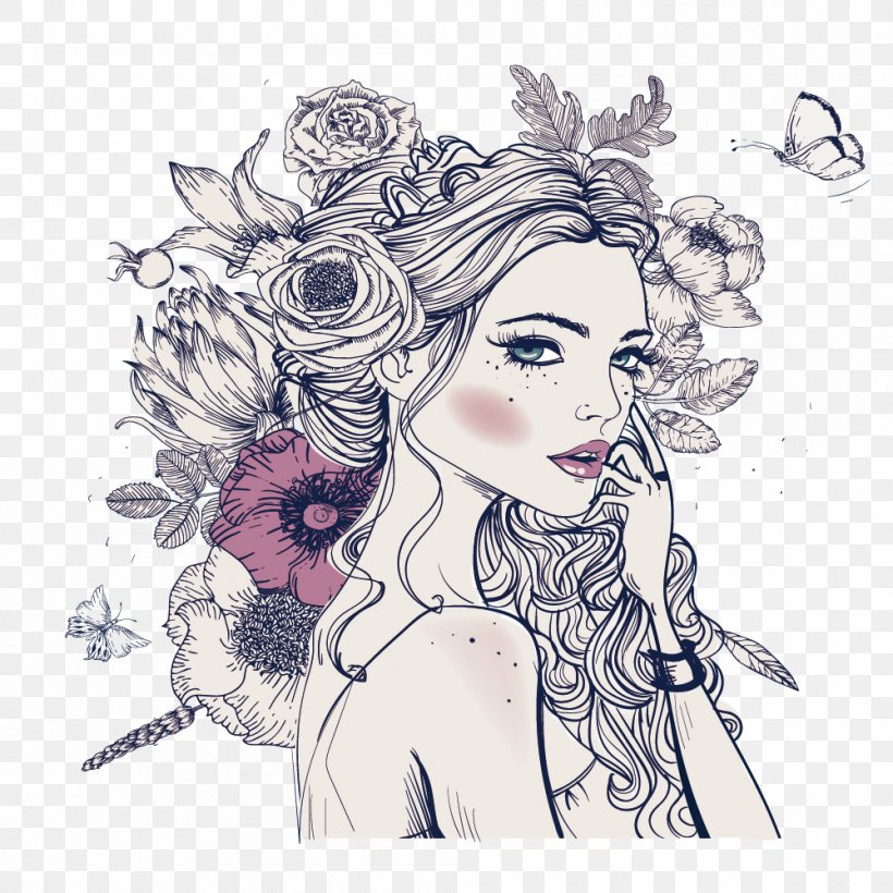 Coloring Book Woman Adult Drawing, PNG, 1000x1000px, Watercolor, Cartoon, Flower, Frame, Heart Download Free