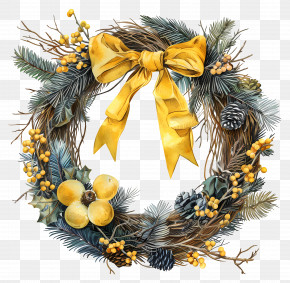 Christmas Wreath - Elegant Holiday Wreath With Yellow Bow PNG