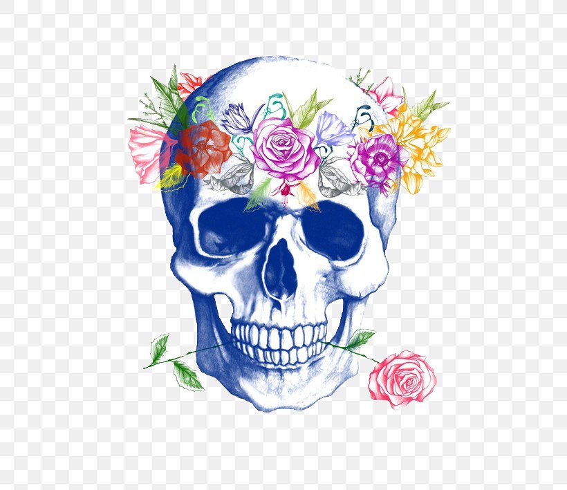 Calavera Human Skull Symbolism Flower Rose, PNG, 500x709px, Calavera, Art, Blue Rose, Bone, Crown Download Free