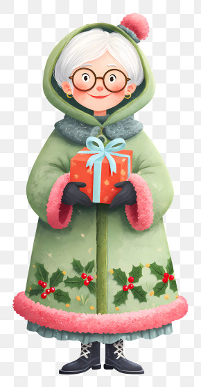 Woman Carrying Wrapped Gift Box - Cozy Grandma Holding Christmas Gift PNG