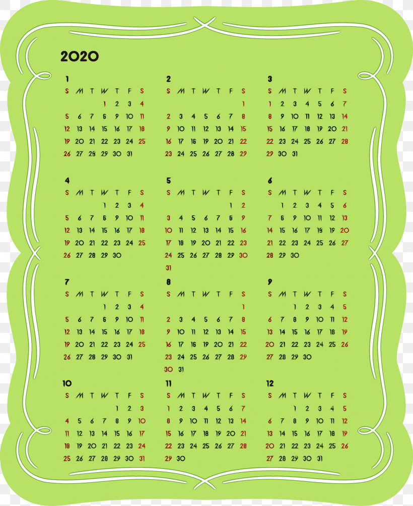 Green Pattern Tableware Square Rectangle, PNG, 2452x3000px, 2020 Calendar, 2020 Yearly Calendar, Green, Paint, Printable 2020 Yearly Calendar Download Free
