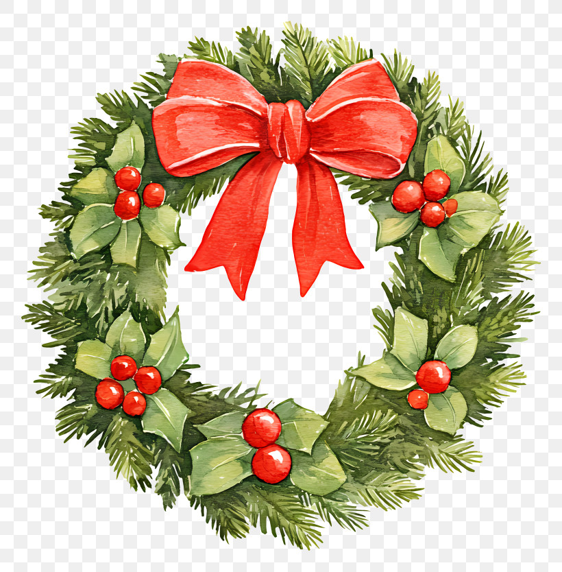 Christmas Wreath With Red Ribbon - Festive Christmas Wreath With Bow PNG