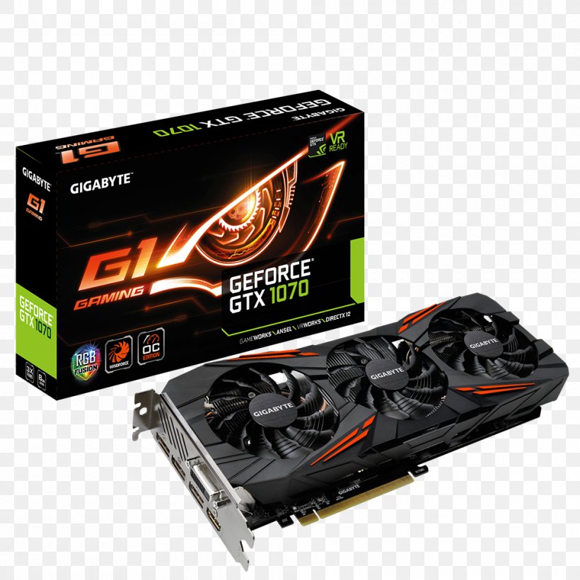 Graphics Cards & Video Adapters NVIDIA GeForce GTX 1070 Gigabyte Technology 英伟达精视GTX, PNG, 1000x1000px, Graphics Cards Video Adapters, Computer Component, Computer Cooling, Computer Graphics, Electronic Device Download Free