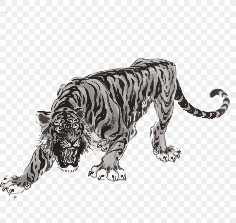 Tiger Ink Wash Painting Hanging Scroll Chinese Painting, PNG, 970x918px, Tiger, Big Cats, Black And White, Carnivoran, Cat Like Mammal Download Free
