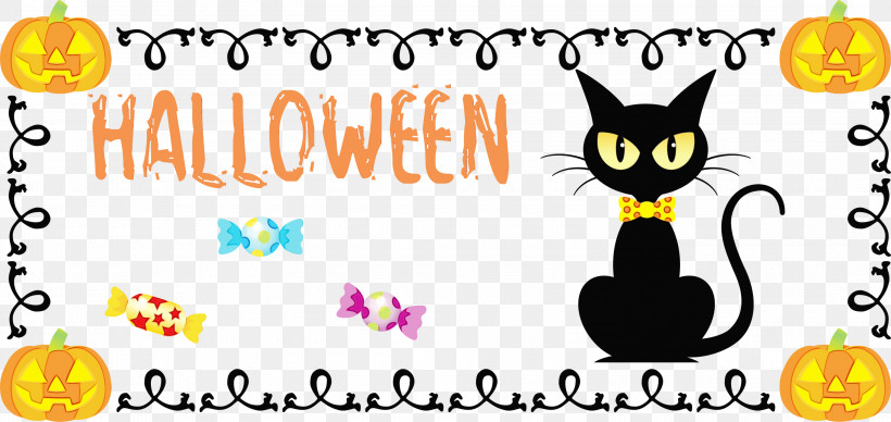 Cat Meter Whiskers Smiley Cartoon, PNG, 3000x1422px, Happy Halloween, Cartoon, Cat, Flower, Halloween Download Free