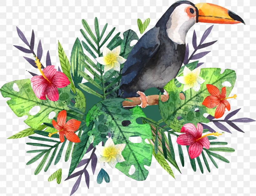 Hornbill Fauna Flora Tote Bag, PNG, 2958x2269px, Watercolor Painting, Beak, Bird, Branch, Coraciiformes Download Free