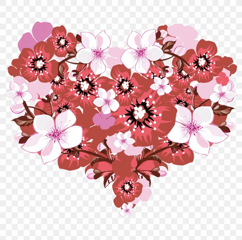 Heart Valentines Day Flower Greeting Card, PNG, 1055x1048px, Heart, Blossom, Branch, Cherry Blossom, Color Download Free