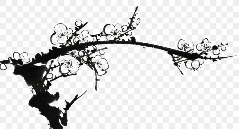 Plum Blossom Ink Wash Painting Four Gentlemen Chinese Painting, PNG, 974x525px, Plum Blossom, Art, Bamboo, Black And White, Branch Download Free