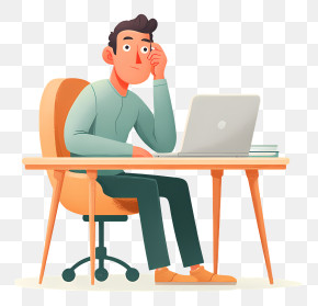 Man Thinking At Laptop Desk PNG