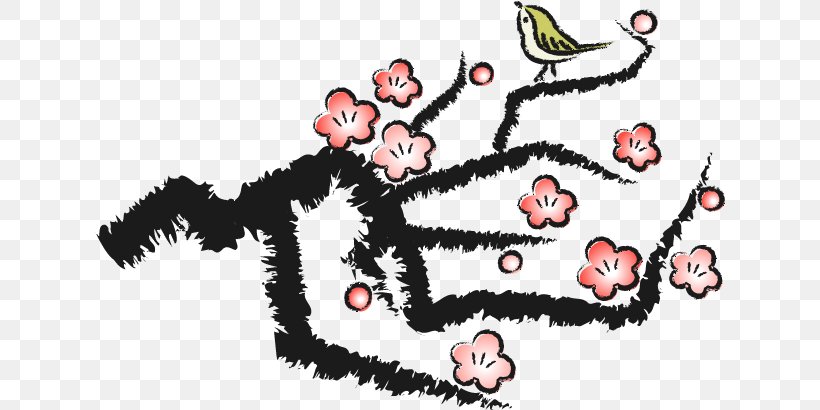Illustration Ink Brush Plum Blossom Ink Wash Painting Japanese Bush Warbler, PNG, 630x410px, Watercolor, Cartoon, Flower, Frame, Heart Download Free