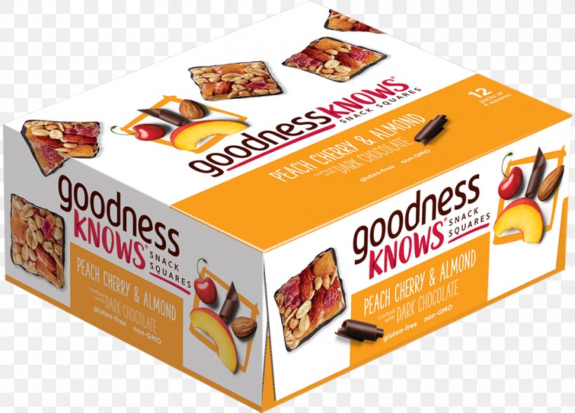 Goodnessknows Peach, Cherry, Almond And Dark Chocolate Snack Squares 12-Count Box Food Gluten-free Diet GoodnessKNOWS Almond Dark Chocolate Gluten Free Snack Square Bars, PNG, 1000x719px, Snack, Almond, Brand, Cherry, Chocolate Download Free
