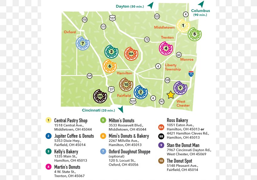 Donuts Trail Hamilton Tour De Donut Map, PNG, 768x575px, Donuts, Area, Brand, Butler County Ohio, City Download Free