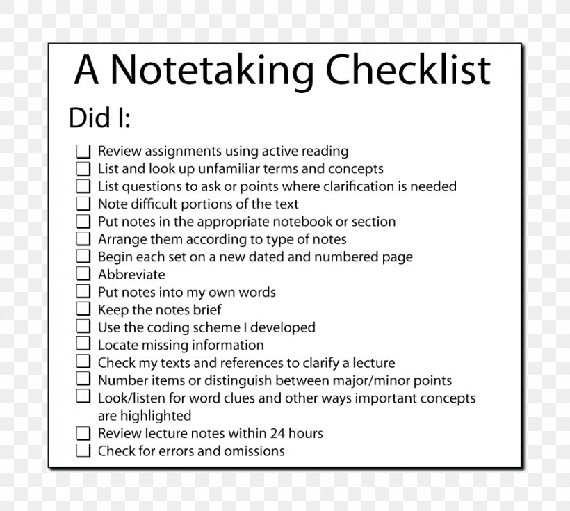Note-taking Study Skills Middle School High School, PNG, 930x834px, Notetaking, Area, Checklist, Classroom, College Download Free