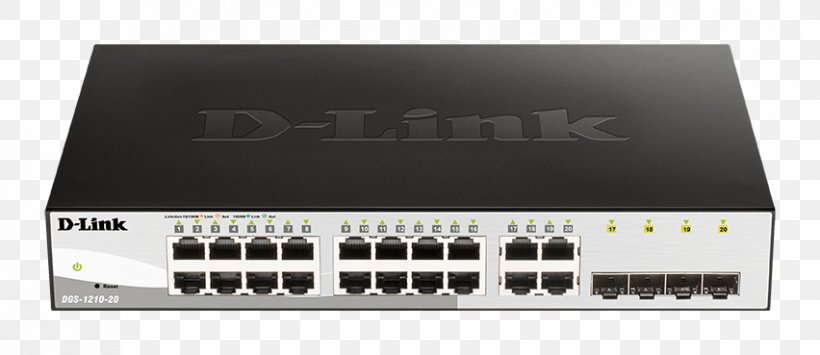 Network Switch Gigabit Ethernet D-Link Web Smart DGS-1210-10P Small Form-factor Pluggable Transceiver, PNG, 852x369px, 19inch Rack, Network Switch, Audio Receiver, Dlink, Electronic Component Download Free