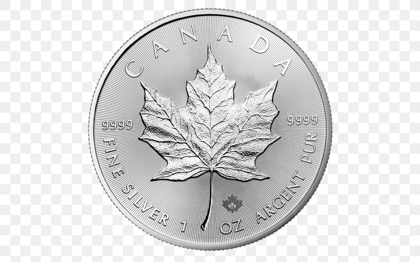 Canadian Silver Maple Leaf Canadian Gold Maple Leaf Silver Coin Bullion Coin, PNG, 512x512px, Canadian Silver Maple Leaf, American Silver Eagle, Black And White, Bullion Coin, Bullionbypost Download Free
