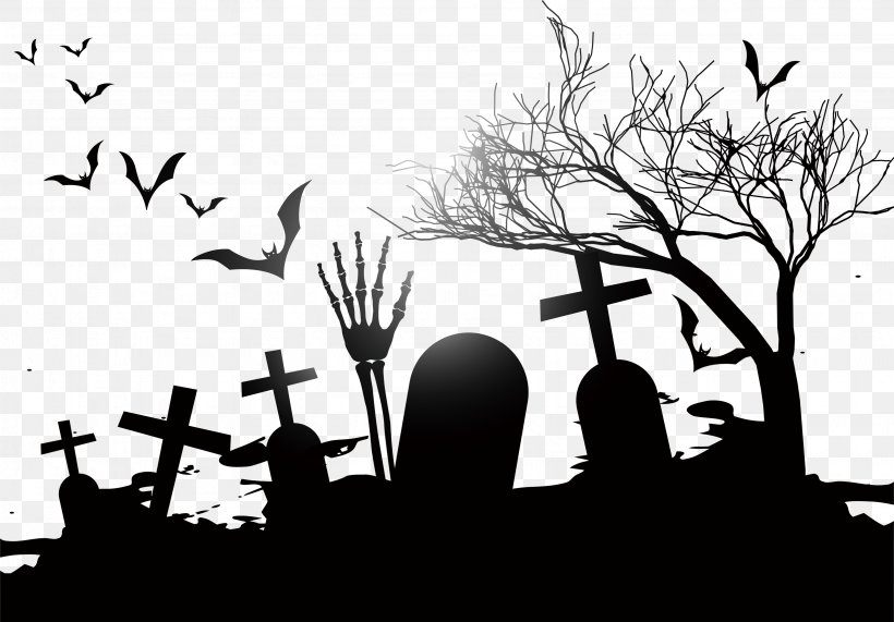 Cemetery, PNG, 3283x2290px, The Halloween Tree, Black And White, Brand, Cemetery, Halloween Download Free