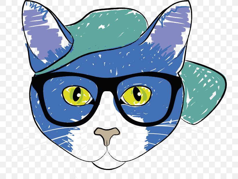 Cat T-shirt Felidae Kitten Glasses, PNG, 744x620px, Cat, Artwork, Blue, Cat Like Mammal, Eyewear Download Free