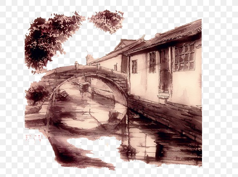 Ink Wash Painting Drawing Bridge Illustration, PNG, 649x610px, Ink Wash Painting, Arch, Arch Bridge, Art, Artwork Download Free
