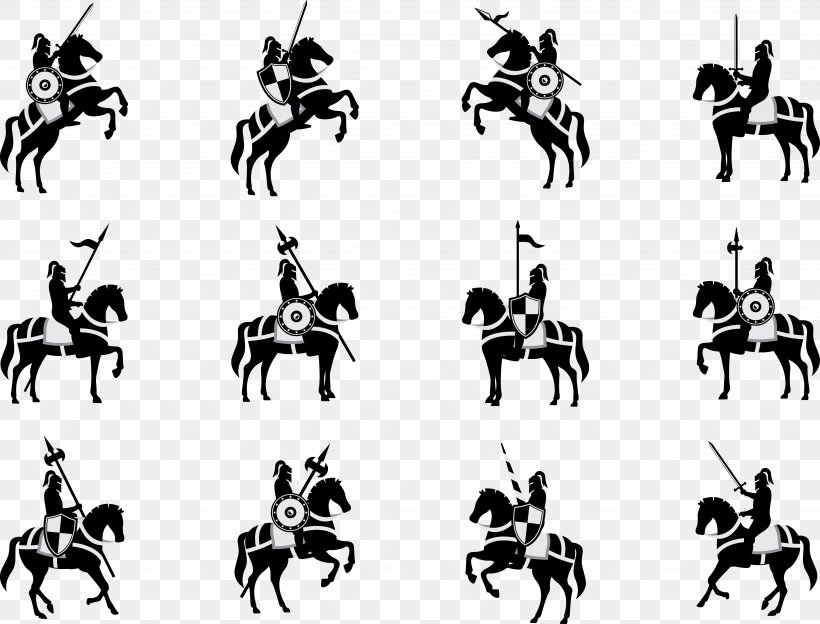 Silhouette Cavalry Euclidean Vector, PNG, 4928x3754px, Silhouette, Army, Black And White, Cavalry, Chivalry Download Free