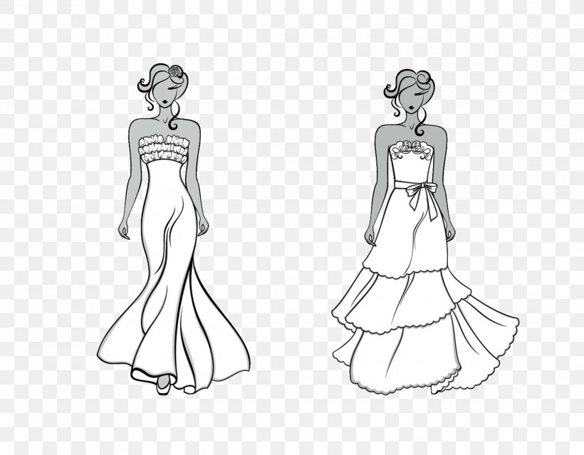 Gown Black And White Dress Sketch, PNG, 1451x1132px, Watercolor, Cartoon, Flower, Frame, Heart Download Free