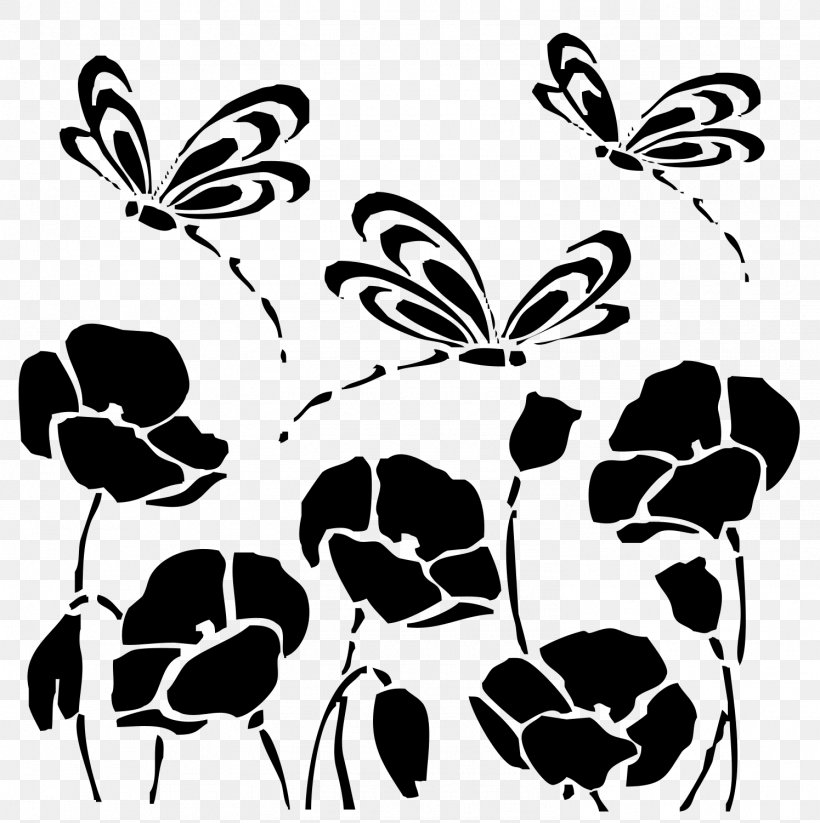 Stencil Drawing Poppy Art Flower, PNG, 1495x1502px, Stencil, Art, Black, Black And White, Branch Download Free
