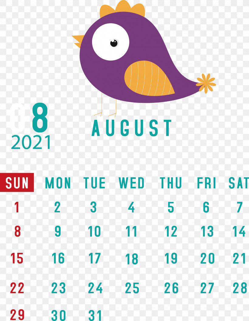 August 2021 Calendar August Calendar 2021 Calendar, PNG, 2330x3000px, 2021 Calendar, Beak, Birds, Calendar System, Line Download Free