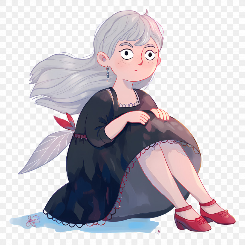 Watercolor Fairy - Cartoon Girl With White Hair PNG