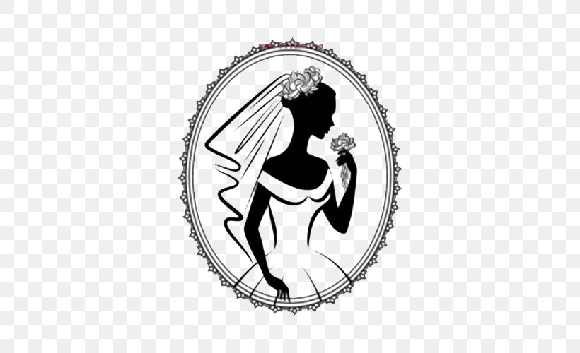 Wedding Invitation Bride Silhouette Drawing, PNG, 500x500px, Wedding Invitation, Black And White, Bride, Bridegroom, Crest Download Free