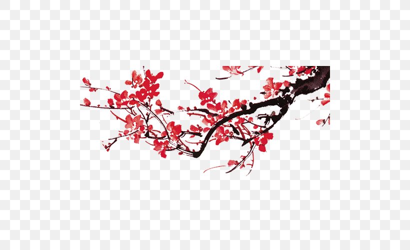 Red And White Plum Blossoms Chinese New Year Painting, PNG, 500x500px, Red And White Plum Blossoms, Birdandflower Painting, Blossom, Branch, Chinese New Year Download Free