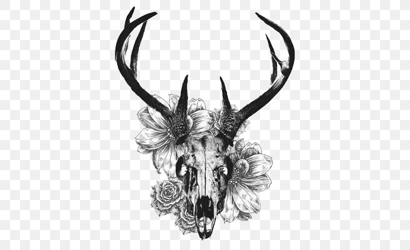 White-tailed Deer Tattoo Skull Antler, PNG, 500x500px, Deer, Abziehtattoo, Antler, Arm, Black And White Download Free
