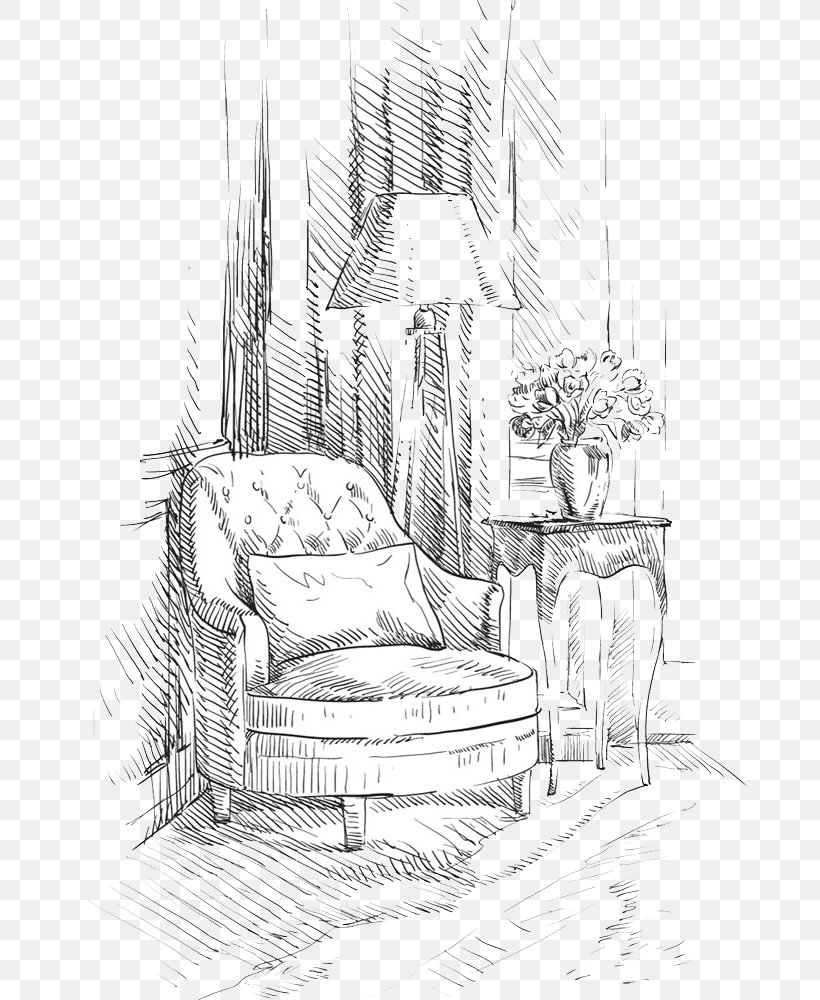 Chair Interior Design Services Interieur, PNG, 734x1000px, Chair, Artwork, Black And White, Couch, Drawing Download Free