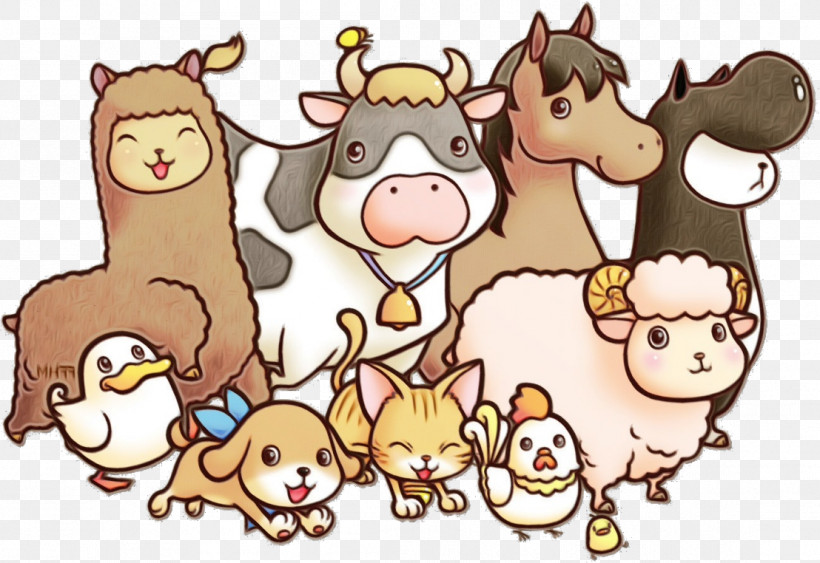 Horse Sheep Cat Livestock Character, PNG, 1108x762px, Watercolor, Cat, Character, Happiness, Horse Download Free