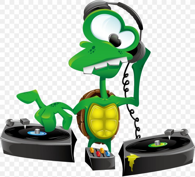 Turtle Disc Jockey Cartoon Illustration, PNG, 1385x1257px, Watercolor, Cartoon, Flower, Frame, Heart Download Free