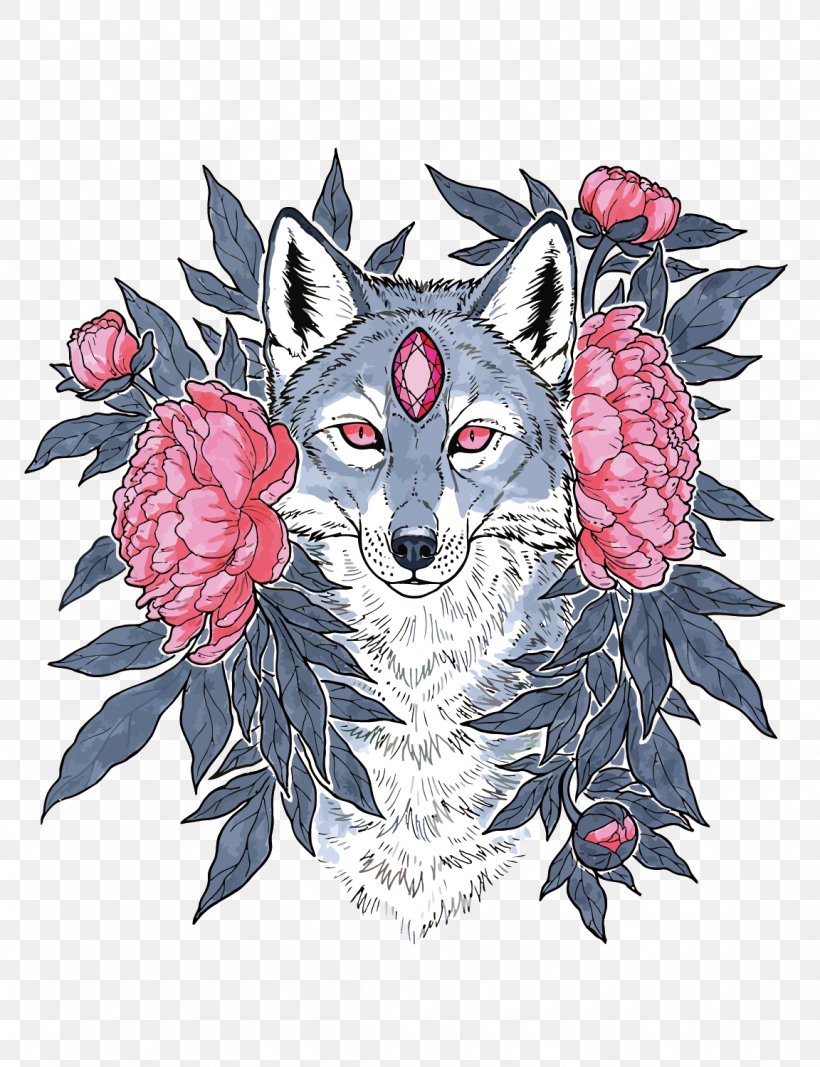 Wolf And Flower Vector, PNG, 1152x1500px, Gray Wolf, Art, Canidae, Carnivora, Carnivoran Download Free