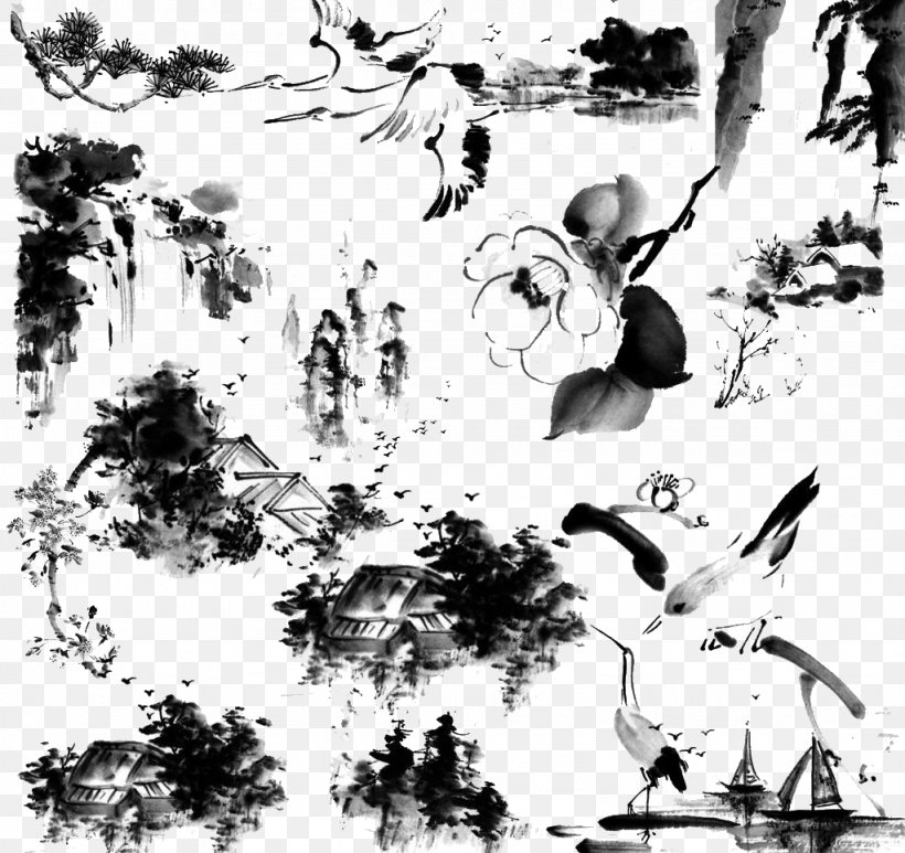 Chinoiserie Ink Wash Painting, PNG, 1024x966px, Chinoiserie, Art, Black And White, Branch, Feeling From Mountain And Water Download Free