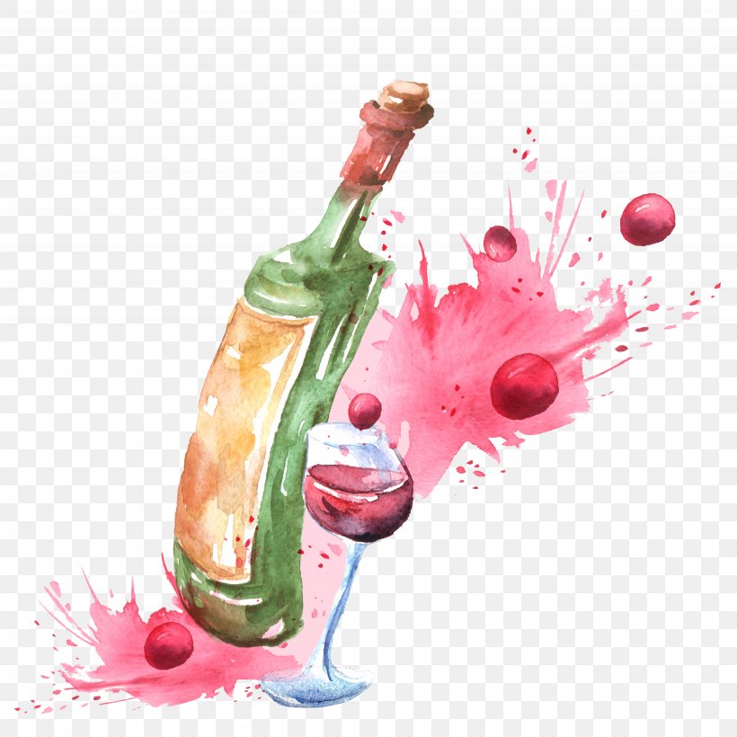 Red Wine Champagne Wine Cocktail Watercolor Painting, PNG, 4500x4500px, Red Wine, Alcoholic Drink, Bottle, Champagne, Cocktail Download Free