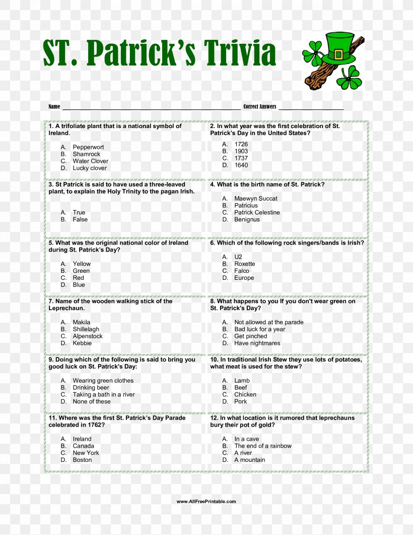 Saint Patrick S Day Trivia For Seniors Quiz Game Png 2550x3300px Watercolor Cartoon Flower Frame Heart Download