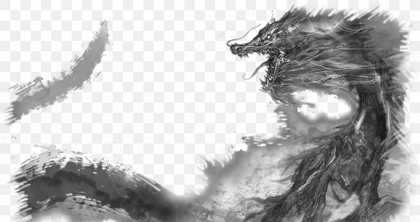 Chinese Dragon Ink Brush Inkstick, PNG, 1409x745px, Chinese Dragon, Artwork, Black, Black And White, Carnivoran Download Free