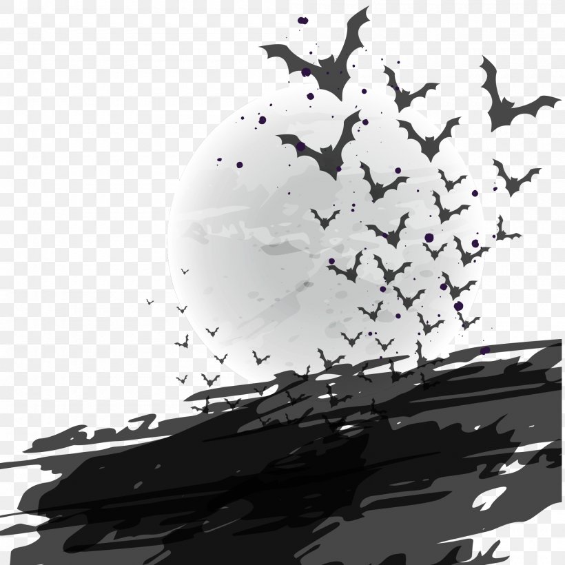 Bat Halloween Flight Illustration, PNG, 2000x2000px, Bat, Black And White, Drawing, Flight, Full Moon Download Free