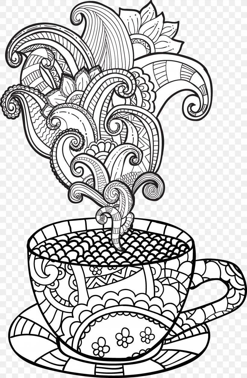 Coffee Cup Tea Coloring Book, PNG, 3458x5295px, Coffee, Adult, Art, Black And White, Book Download Free