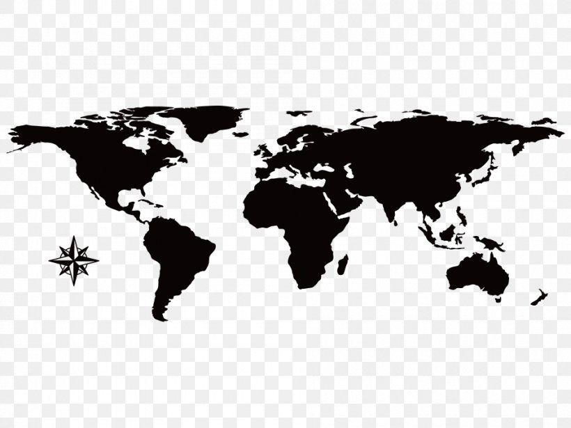 World Map Equirectangular Projection Globe, PNG, 950x713px, World, Black, Black And White, Cattle Like Mammal, Decal Download Free