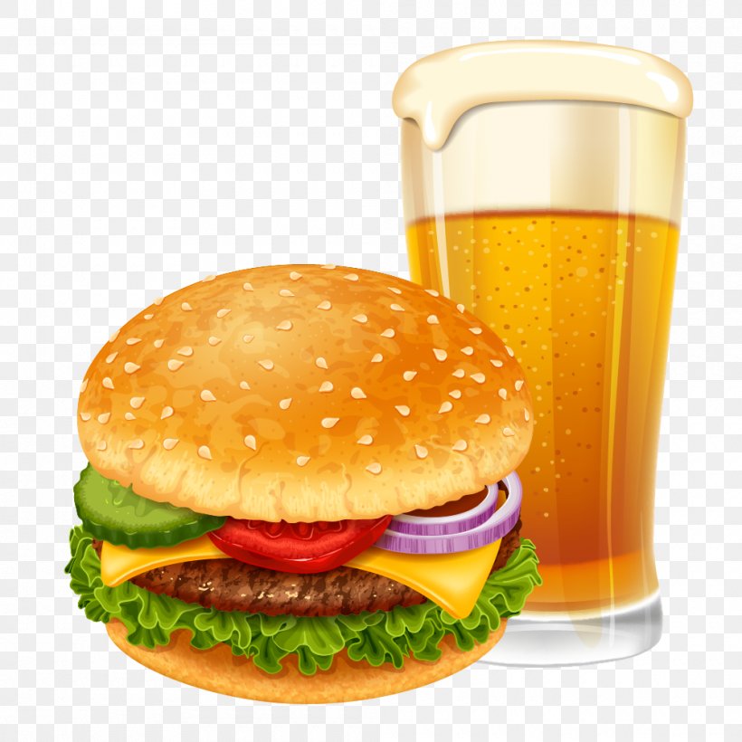 Hamburger Beer Vector Graphics Royalty-free Stock Photography, PNG, 1000x1000px, Hamburger, American Food, Beer, Breakfast Sandwich, Cheeseburger Download Free
