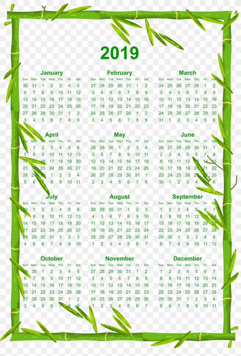 Printable 12 Month 2019 Calendar With Bamboo Borde, PNG, 1442x2126px, Bamboo, Area, Border, Calendar, Flower Download Free