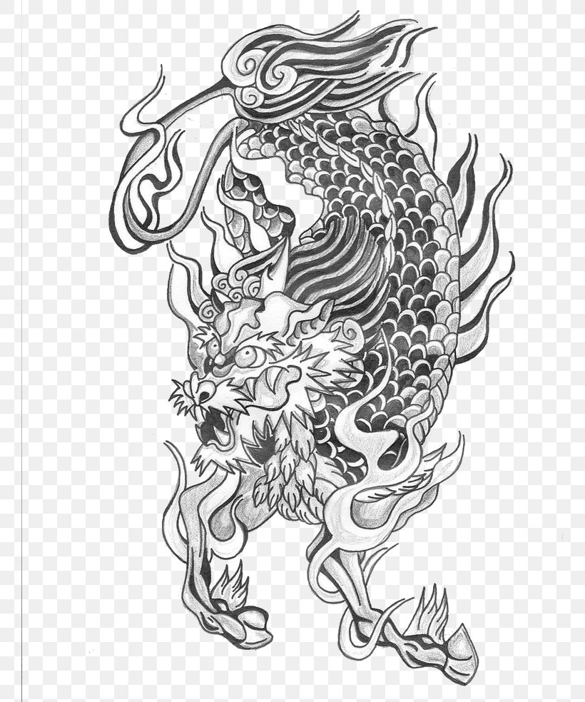 Tattoo Qilin Chinese Dragon Unicorn Pixiu, PNG, 759x984px, Watercolor, Cartoon, Flower, Frame, Heart Download Free