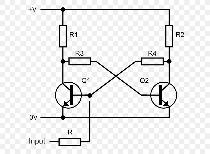 Transistor Circuits Flip-flop Electronic Circuit Schmitt Trigger, PNG, 624x600px, Flipflop, Area, Bipolar Junction Transistor, Black And White, Circuit Diagram Download Free