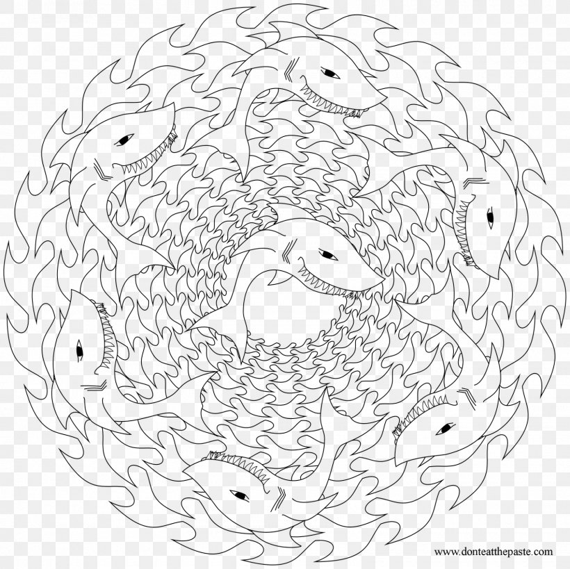 Great White Shark Coloring Book Mandala Adult, PNG, 1600x1600px, Watercolor, Cartoon, Flower, Frame, Heart Download Free