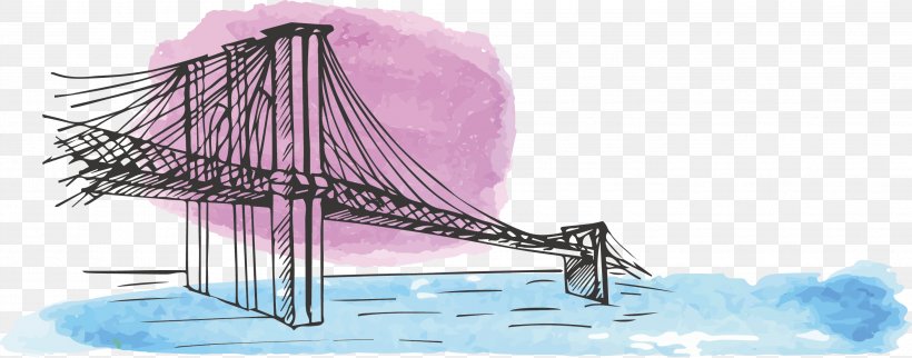 Brooklyn Watercolor Painting Drawing Bridge, PNG, 2811x1105px, Brooklyn, Architecture, Bridge, Drawing, Logo Download Free