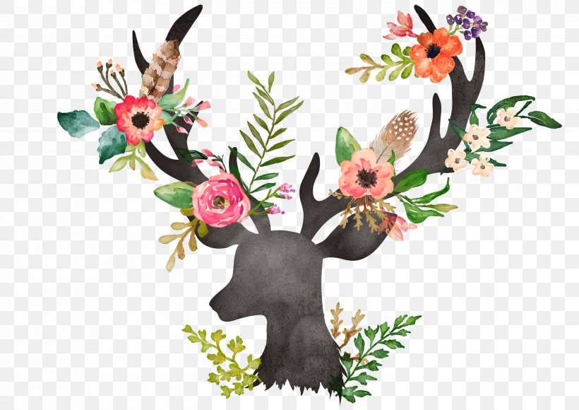 Deer Flower Painting Watercolor Painting Drawing, PNG, 3000x2125px, Deer, Acrylic Paint, Antler, Art, Cut Flowers Download Free