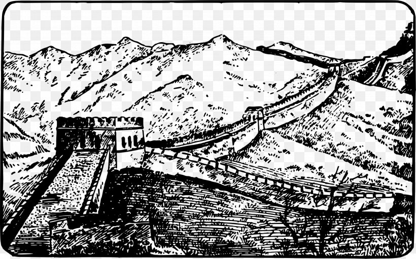 Great Wall Of China Black And White Clip Art, PNG, 2400x1498px, Great Wall Of China, Black And White, Drawing, History, Monochrome Download Free